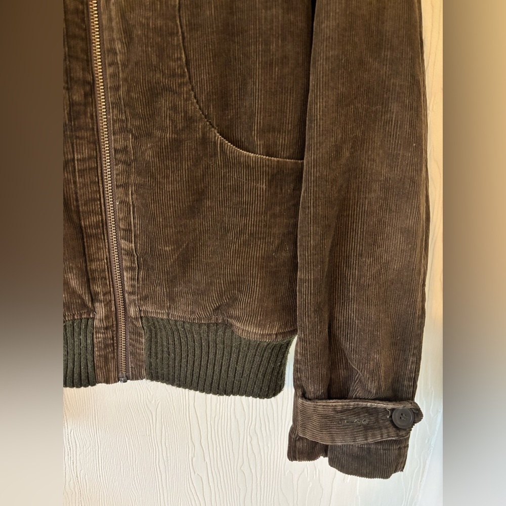 Vintage Brown Corduroy Fleece Lined with Tan Sherpa Collar Zip Up Bomber Jacket - Picture 7 of 10